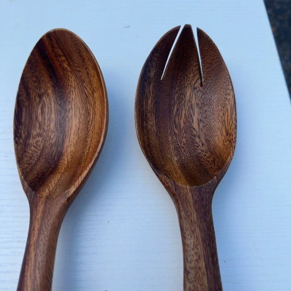 Teak Wood Salad Servers MCM Serving Spoon Fork Set Mid Century Modern 12
